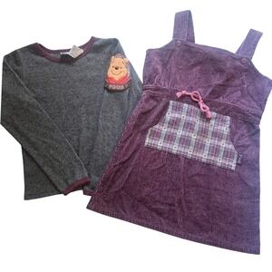 Vintage Disney Winnie the Pooh Girls Purple Corduroy Jumper Dress Set Size 6X